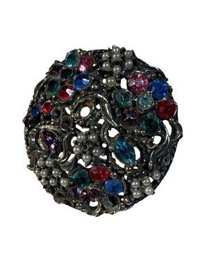 Round Rhinestone & Faux Pearl Brooch Multicolor Gemstones Filigree 1.75" Vintage